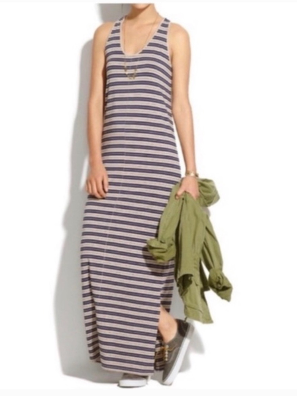 Madewell Dress Maxi Razor Back Blue & Tan Striped Size Small